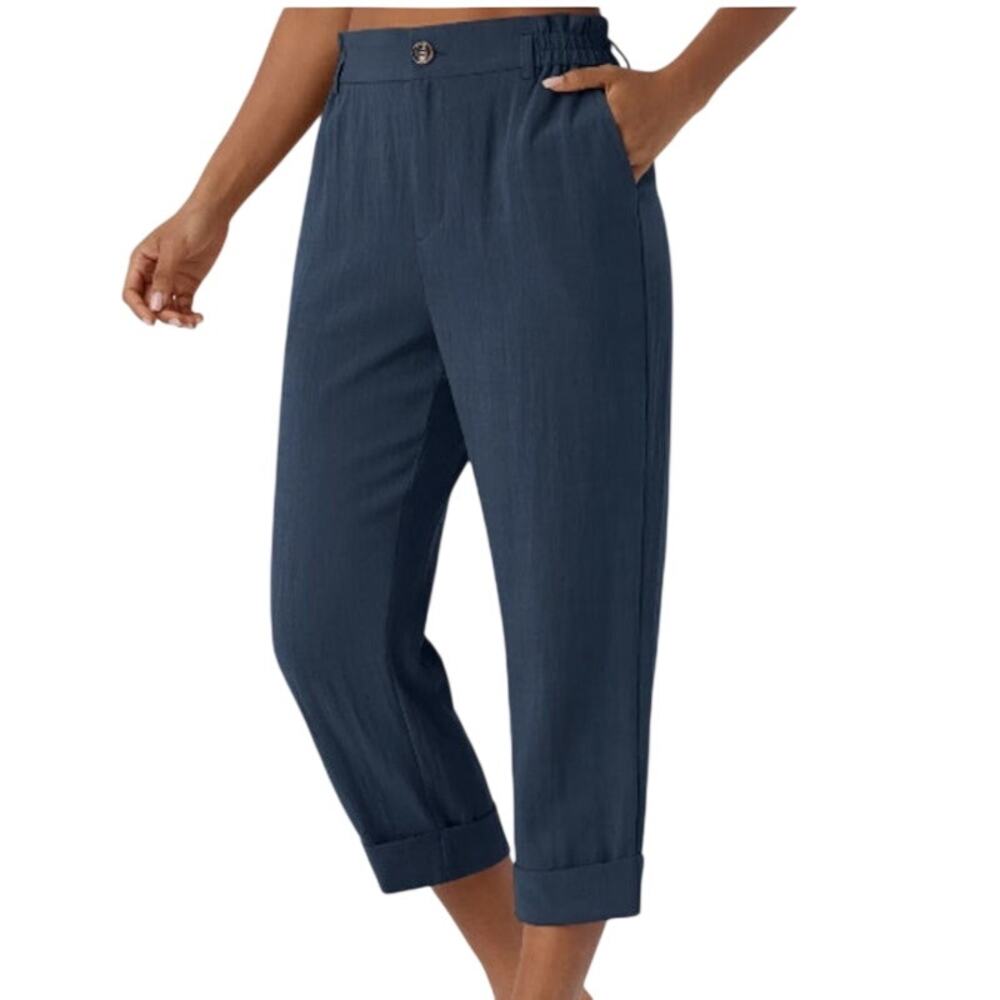 Halara Blue High Waisted Zipper Pocket Cropped Linen Feel Pants XL